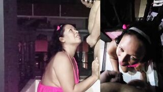 MILF giving a blowjob on the balcony, cum in the mouth and she swallow all the semen from the stranger. (POV & Viewer Cam) - 11 image