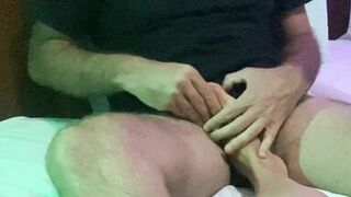 Milf & fetish. She jerks me off with her feet and massages my balls while showing me her pussy - 2 image