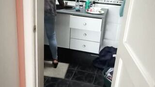 The stepson of the maid makes a great cumshot on my wife's ass with her jeans on - 6 image