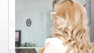 An amazing blonde lesbo milf with small tits is having her way with a cute skinny Latina - 5 image