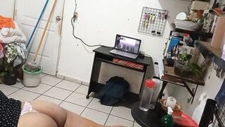 my wife cleaning the room in dress and thong