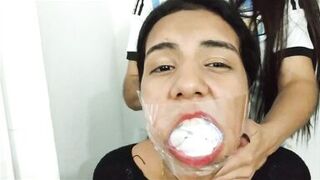 Sexy Inexperienced Bondage Girl Gagged With 10 Socks By Hot Latina Lezdom MILF - 13 image