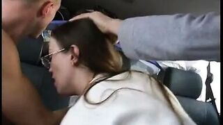 Sexy threesome with babe in lingerie in van - 1 image