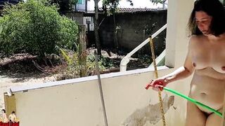 Nude housewife cleaning the balcony - 13 image