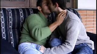 Bisexual duo share a redhead on patio sofa