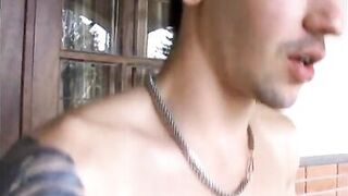 Bisexual duo share a redhead on patio sofa - 8 image