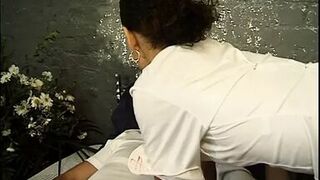 Spicy Latina nurse blows guy's tool while he fingers her moist cunt - 1 image