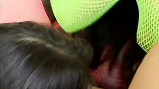 Guy fucks two hot chicks in pink and green fishnets in room - 5 image