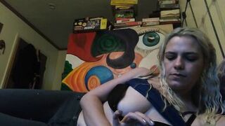 Hot blonde smokes clove cigarettes, plays on phone and plays with tits - 12 image