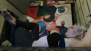 Hot blonde smokes clove cigarettes, plays on phone and plays with tits - 13 image