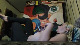 Hot blonde smokes clove cigarettes, plays on phone and plays with tits - 15 image