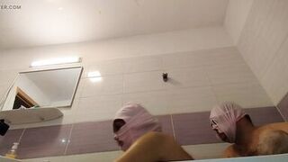 Amateur couple takes a bath, wife with hairy pussy, big ass, big tits. - 10 image