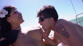 Watch how this curvy MILF with long hair takes a pounding from a shy young guy on Rio yacht - 2 image