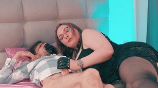 Watch Mycurves dominate nerd-boy Romeo Strandger's big butt & teach him how to please with her big tits bouncing - 15 image